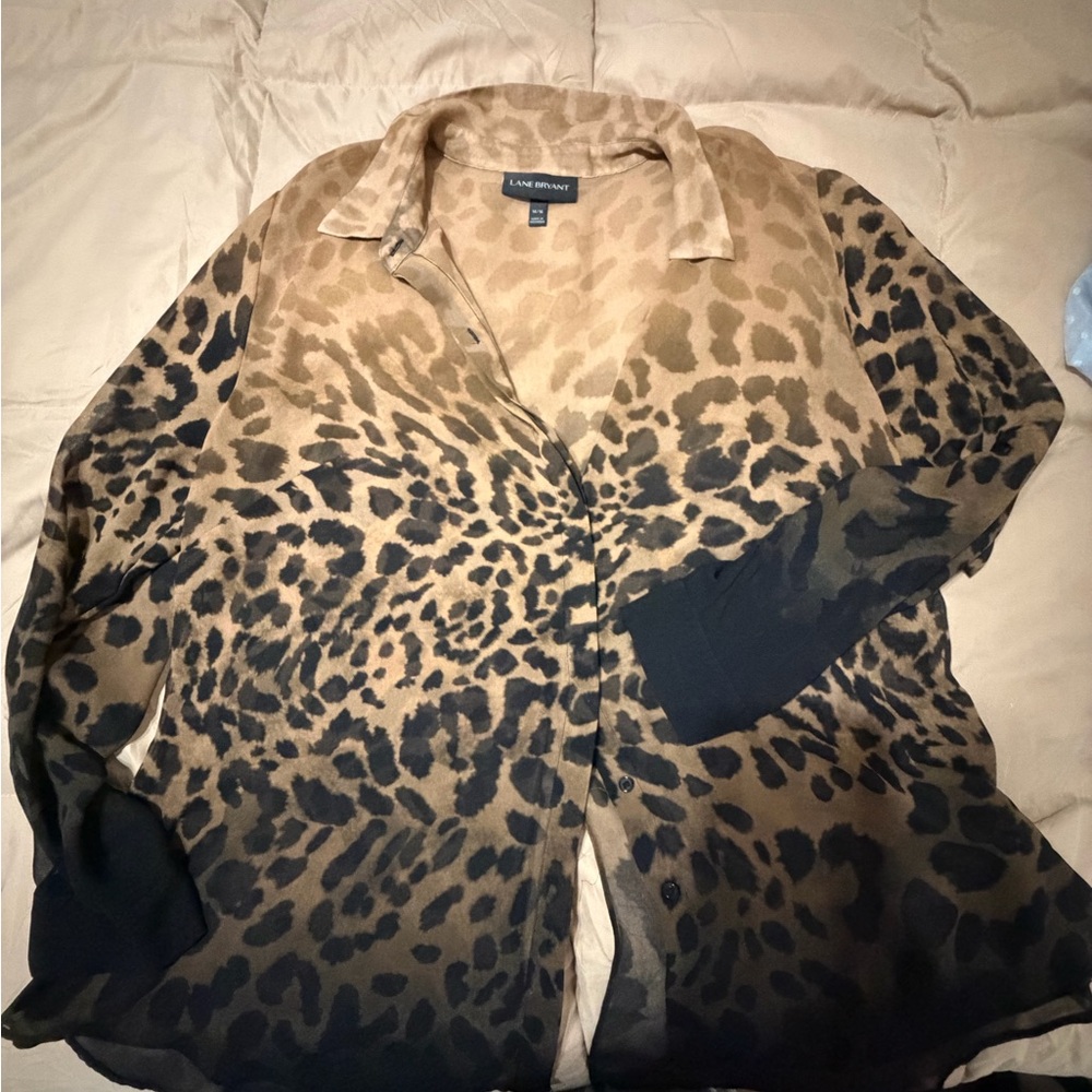 Lane Bryant Ombre Leopard Print Button-Up Shirt - Tan & Black